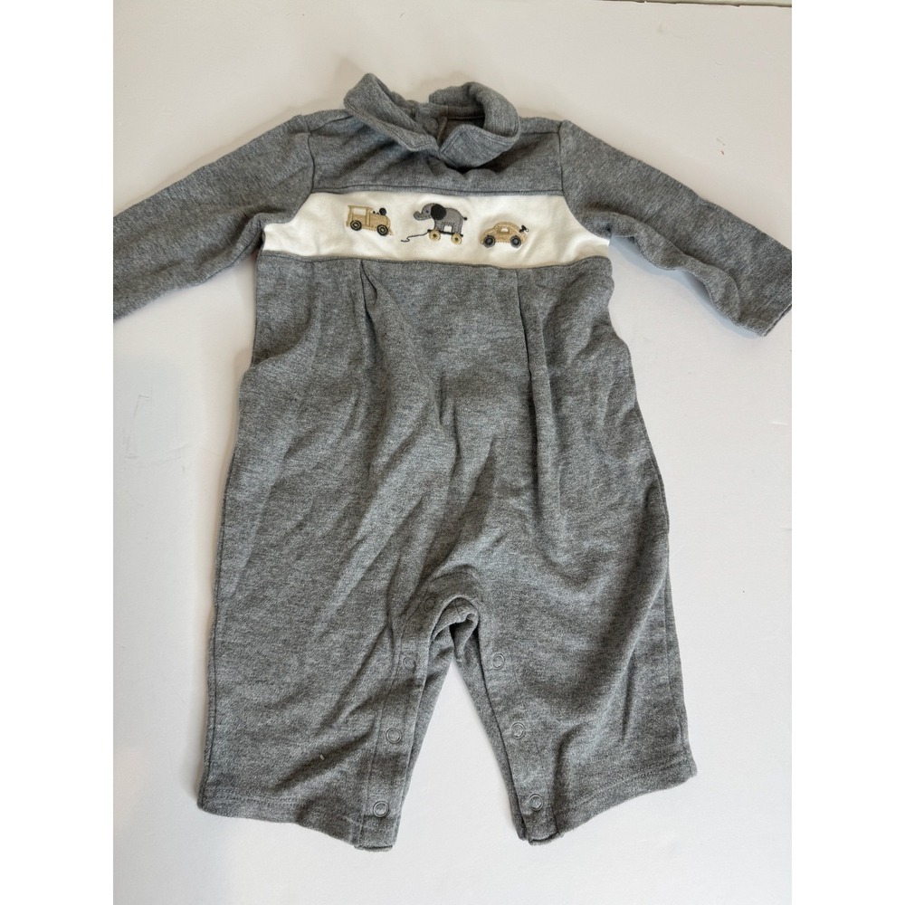 Janie and Jack Baby Romper 0-3‎ Months Gray Cotton Elephant Car Snap One Piece